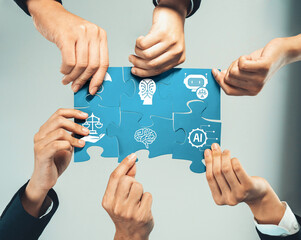 A dynamic representation of teamwork showcasing diverse hands assembling puzzle pieces with symbols reflecting ethics, technology, and artificial intelligence in business. Amity