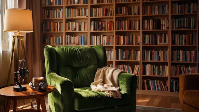 Cozy reading corner with green chair and bookshelves in a warm setting