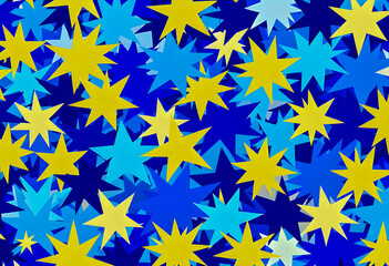 Scattered yellow and blue spiky stars overlap on a vibrant background creating a lively geometric pattern full of energy visual movement sharp edges and playful abstract design