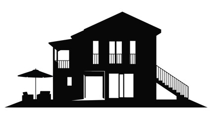 A modern two-story house with a balcony and patio.