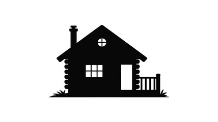 A rustic log cabin with a chimney and small porch.