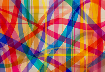 Translucent colorful ribbons in red orange yellow blue green and purple overlap and weave together creating a lively geometric background with vibrant energy and visual movement