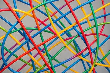 Curved colorful wires in blue yellow green orange red and purple weave together in a tangled pattern creating a lively abstract design with playful movement and visual energy