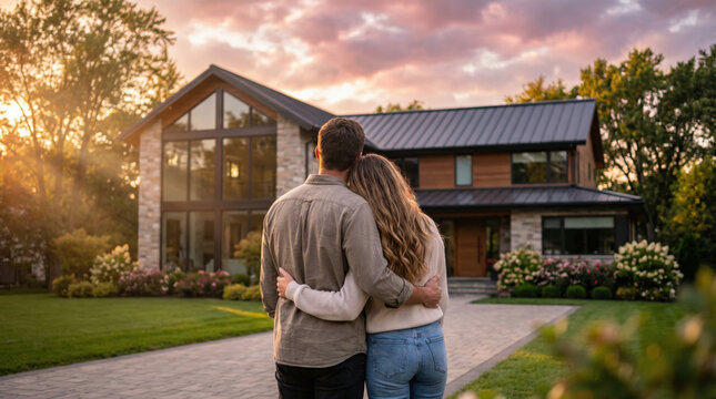 Couple embracing and looking at their new modern home at sunset
