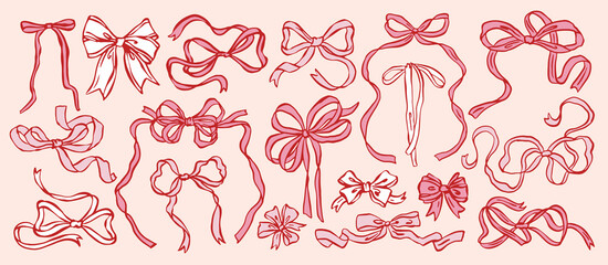 Plakat Whimsical bow and ribbon illustration collection in hand-drawn ink sketch style. Cute decorative bows and flowing ribbons for romantic, vintage, and aesthetic design projects.