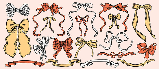 Whimsical bow and ribbon illustration collection in hand-drawn ink sketch style. Cute decorative bows and flowing ribbons for romantic, vintage, and aesthetic design projects.