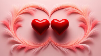 Two glossy red hearts centered on a pink background surrounded by flowing feather like shapes forming a romantic love frame