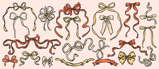 Whimsical bow and ribbon illustration collection in hand-drawn ink sketch style. Cute decorative bows and flowing ribbons for romantic, vintage, and aesthetic design projects.