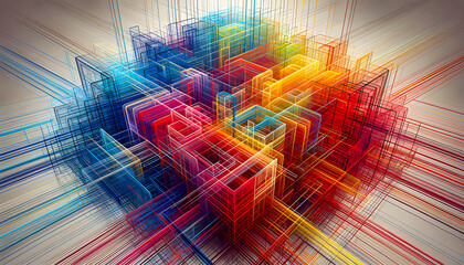 A burst of colorful geometric lines and transparent cubes creates a dynamic three dimensional abstract pattern with overlapping shapes and vibrant energy radiating from the center