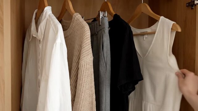 Minimalist wardrobe with neutral clothing hanging in modern closet
