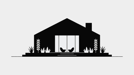 Minimalist black silhouette of a modern house with large doors.