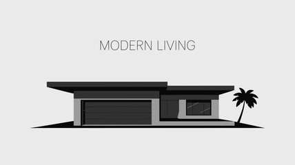 Modern low-profile house silhouette with garage and palm tree.