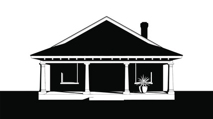 Traditional house silhouette with wide porch, swing, and plant.