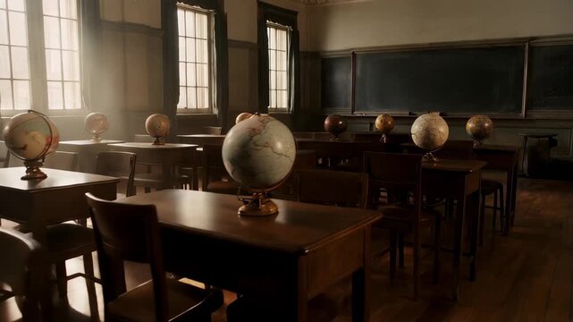 Bright classroom with many desks and globes on display during morning hours