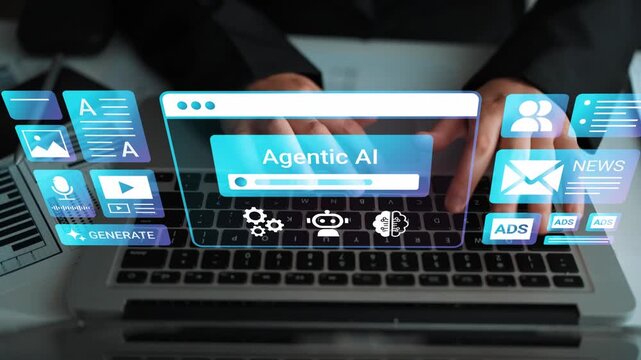 Futuristic Hands Typing on Laptop with Innovative Digital Interface Showcasing Agent AI Technology and Interactive Features in Modern Workspace Gluon.