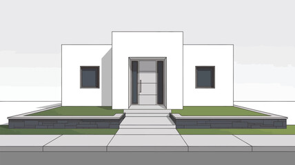 Stylized modern minimalist house with flat roof and walkway.