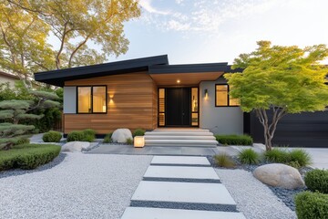 Fototapeta premium Contemporary Japandi house featuring low-profile warm wood exterior, landscaped garden with stones and greenery, creating a serene and inviting atmosphere in modern architecture