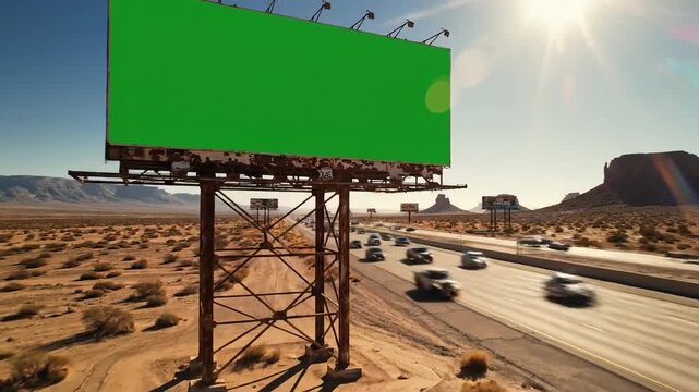 Green Screen Billboard Mockup Desert Highway Motion Blur Traffic