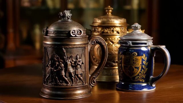 Explore different styles of beer steins on a wooden table in a cozy bar setting at night