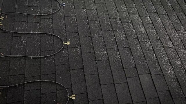 aerial view of roof heating cables with sound as snow falls. close-up winter weather design element or background banner. construction or architectural feature. beauty in nature. industry backdrop.