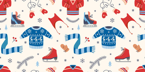Seamless pattern with ice skating equipment and clothing for winter sport, leisure and outdoor recreation. Trendy vector illustration on a light background, hand drawn, flat design