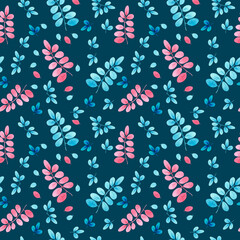 Pattern with small leaves on a dark blue. Watercolor illustration, drawing for fabric.