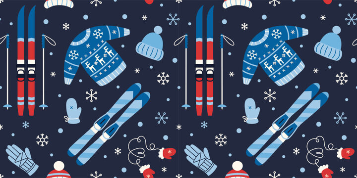 Seamless pattern with skiing equipment and clothing for winter sport, outdoor activity and seasonal recreation. Trendy vector illustration on a dark blue background, hand drawn, flat design