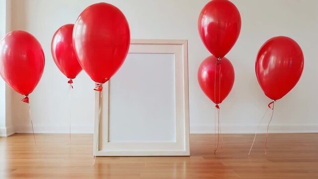 Red balloons surround an empty frame in a bright room for a celebration setup