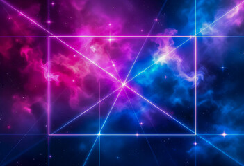 A glowing cloud of pink and blue light fills the scene with radiant energy as geometric grid lines intersect across the center creating a vibrant abstract cosmic atmosphere