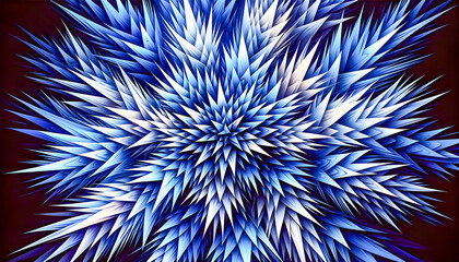 Sharp spiky shapes radiate outward in a burst of blue white and dark shades forming an energetic symmetrical abstract pattern with a sense of movement and intensity