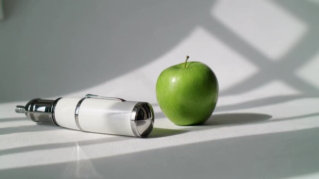 Generic insulin injection pen lying next to fresh green apple on white table