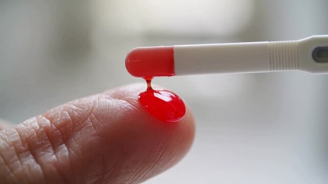 Macro close-up of blood droplet on fingertip for glucose level testing