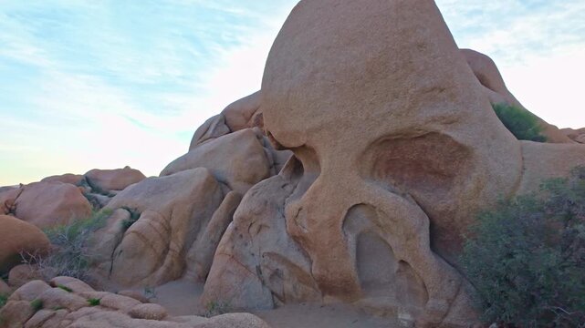 Iconic Skull Rock granite formation shaped by erosion within the desert landscape of Joshua Tree National Park California