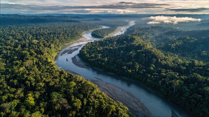 Wide aerial view of a winding river flowing through a dense green jungle.