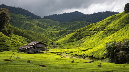 Obraz premium Rolling green tea plantations surround a weathered wooden house.