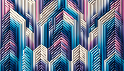 Chevron stripes in blue purple pink and white form a repeating geometric pattern with gradients and three dimensional lines creating a modern dynamic and symmetrical abstract design