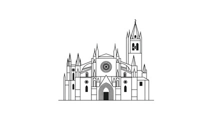 Fototapeta premium Detailed line art illustration of a Gothic-style cathedral with spires, arches, a rose window and cross
