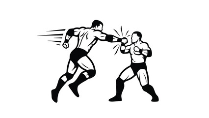 Fototapeta premium Dynamic black and white illustration of two muscular male athletes in a wrestling match, exchanging punches