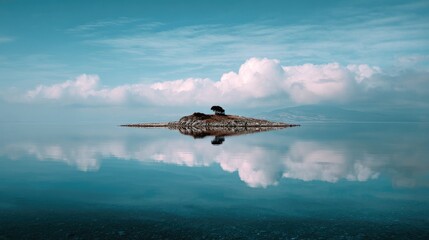 Serene Island Reflections on Calm Blue Lake Under Puffy Cloudy Sky