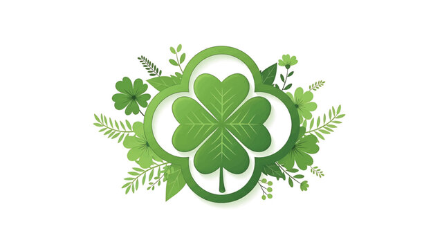 Four-leaf clover in decorative green frame surrounded by foliage and small flowers on a white background