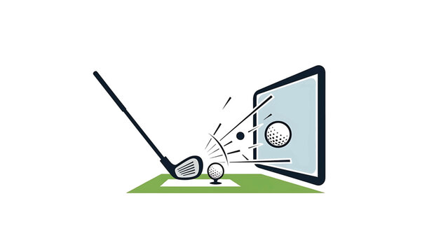 Golf club striking a ball on a green mat, with the ball trajectory heading towards a digital screen