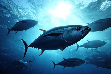 Fototapeta premium Underwater view of tuna fish swimming in blue ocean water with sunlight