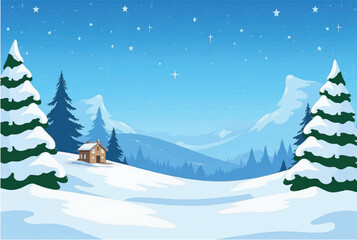 Winter mountains scene with snowy forests under clear blue sky. Winter landscape illustration.