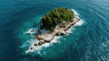 Aerial View of a Small Rocky Island Surrounded by Turquoise Ocean Waves