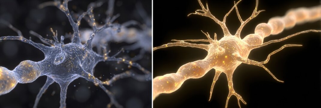 Detailed View of Two Neurons Showcasing Unique Structures and Connections in a Digital Representation