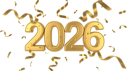 Golden 2026 numbers with celebratory confetti and streamers in bright white background for new year party invitation