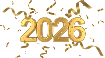 Golden 2026 numbers with celebratory confetti and streamers in bright white background for new year party invitation