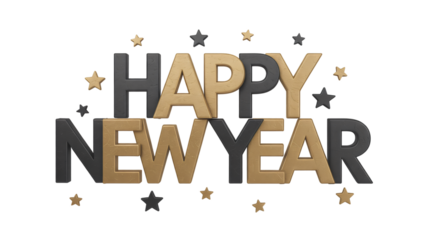 Happy New Year typography with gold and black stars in festive celebration with elegant luxury design for greeting card