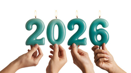 Hands holding teal candles in the shape of the numbers 2026 with soft warm glow on isolated white background for New Years celebration