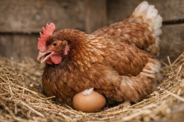 Braune Henne sitzt in einem Nest mit Stroh und hat ein Ei gelegt, Nahaufnahme - mit generative AI erstellt.